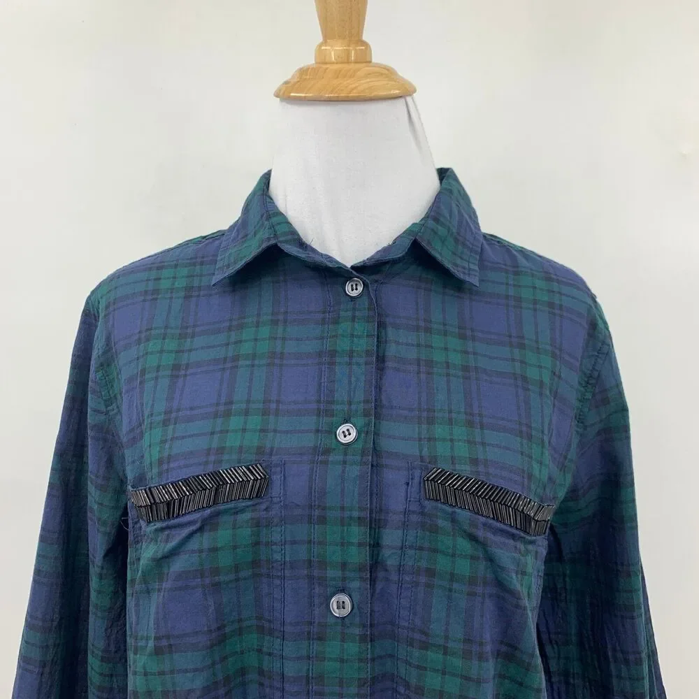 J Crew Popover Shirt Womens M Medium Plaid Beaded Pockets Half Button Oversized